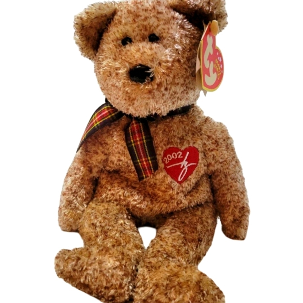 Ty Brown Teddy Bear with Heart and Plaid Ribbon